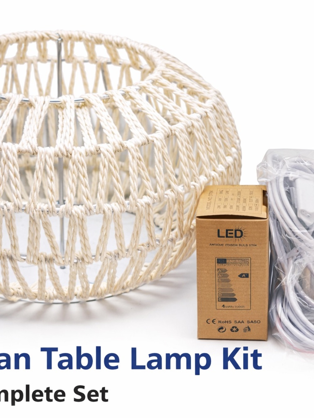 NEW Boho Table Lamp Kit Woven Rope Shade LED Bulb Plug In Complete Set